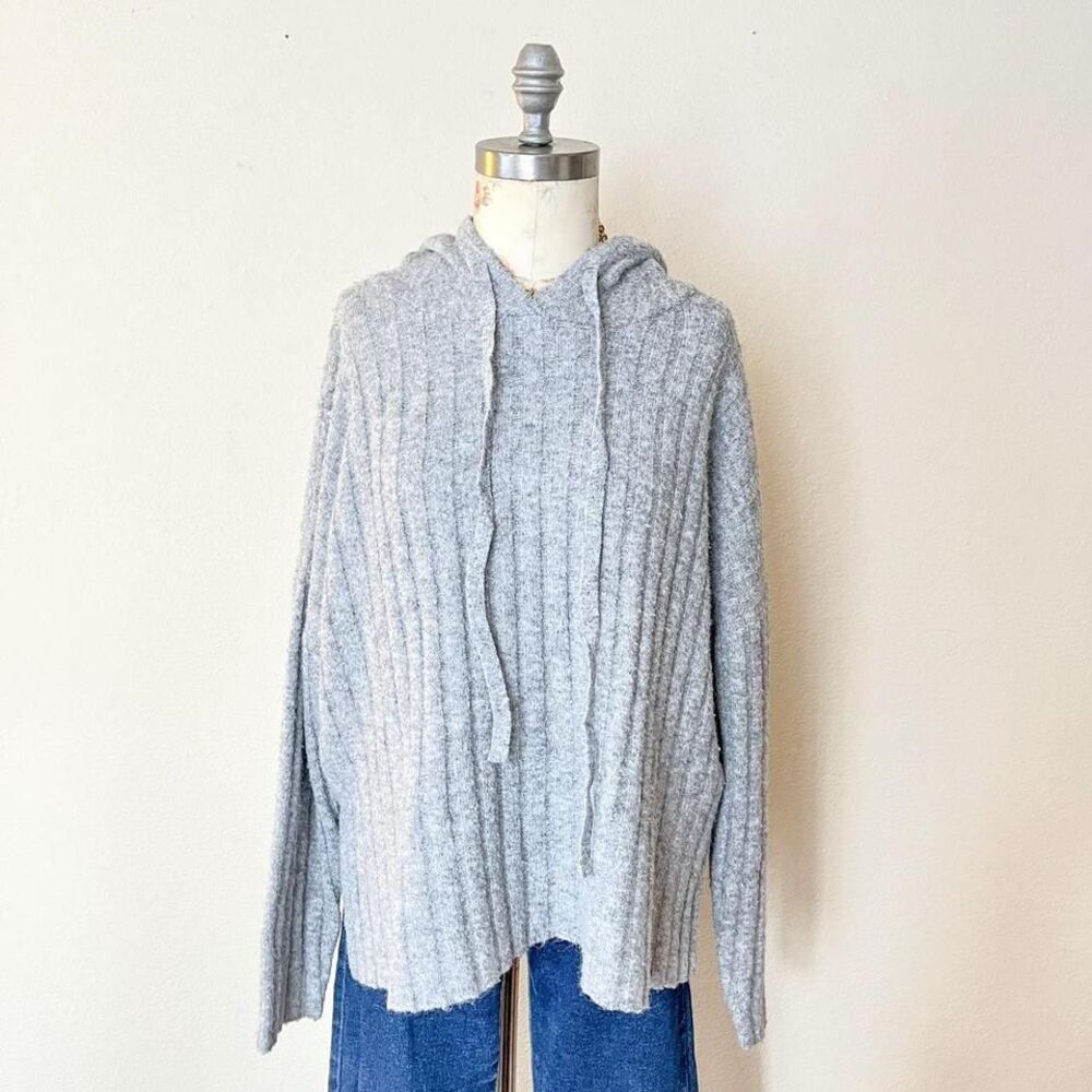 aqua gray knit pullover hoodie sweater womens medium‎